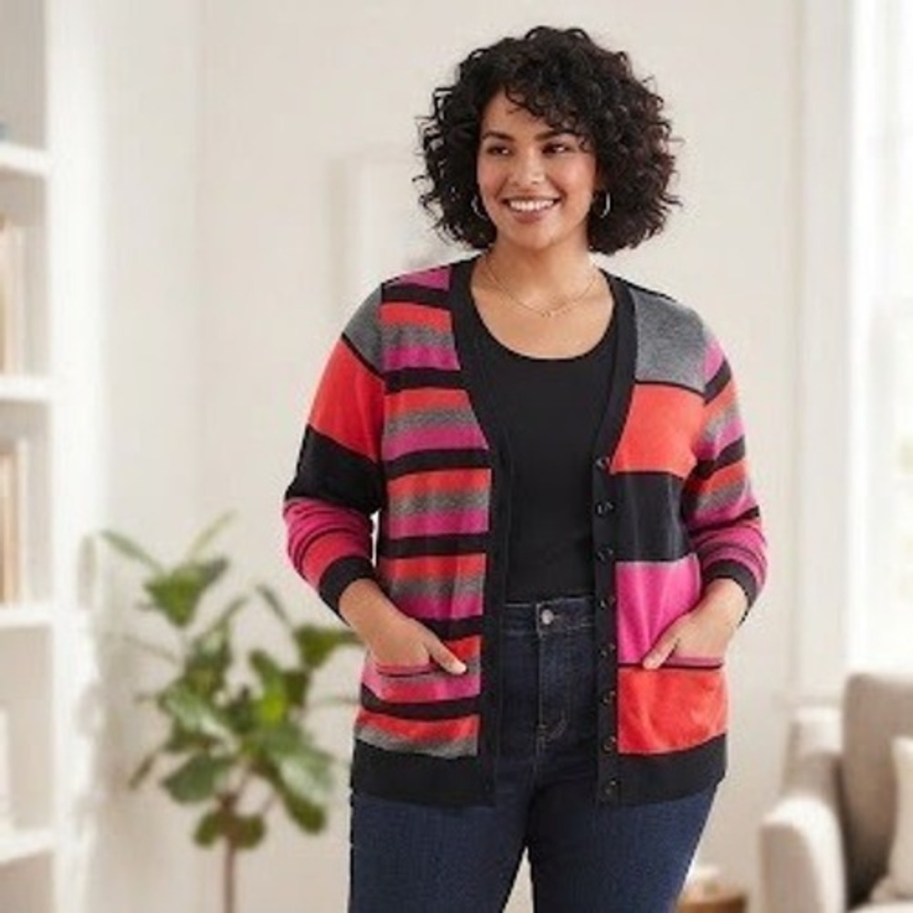 CJ Banks Womens 2X Striped Cardigan Sweater Red Pink Black Cotton V-Neck Preppy